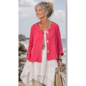 Habitat Pink Textured Cotton Long Sleeve Button Up Top M Lagenlook Large Buttons